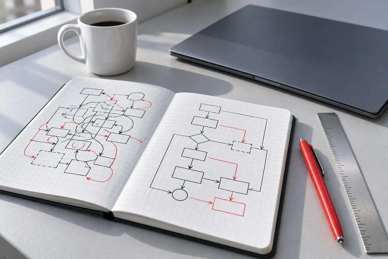 An engineer's workbench: an open notebook of process sketches, a steel rule and a red pen