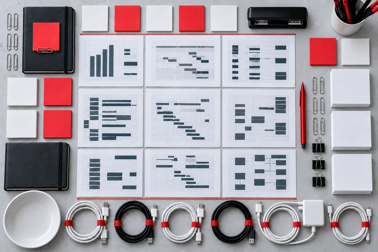 The same desk, ordered: papers squared into stacks, notes in a grid, cables bundled and the red string pulled straight